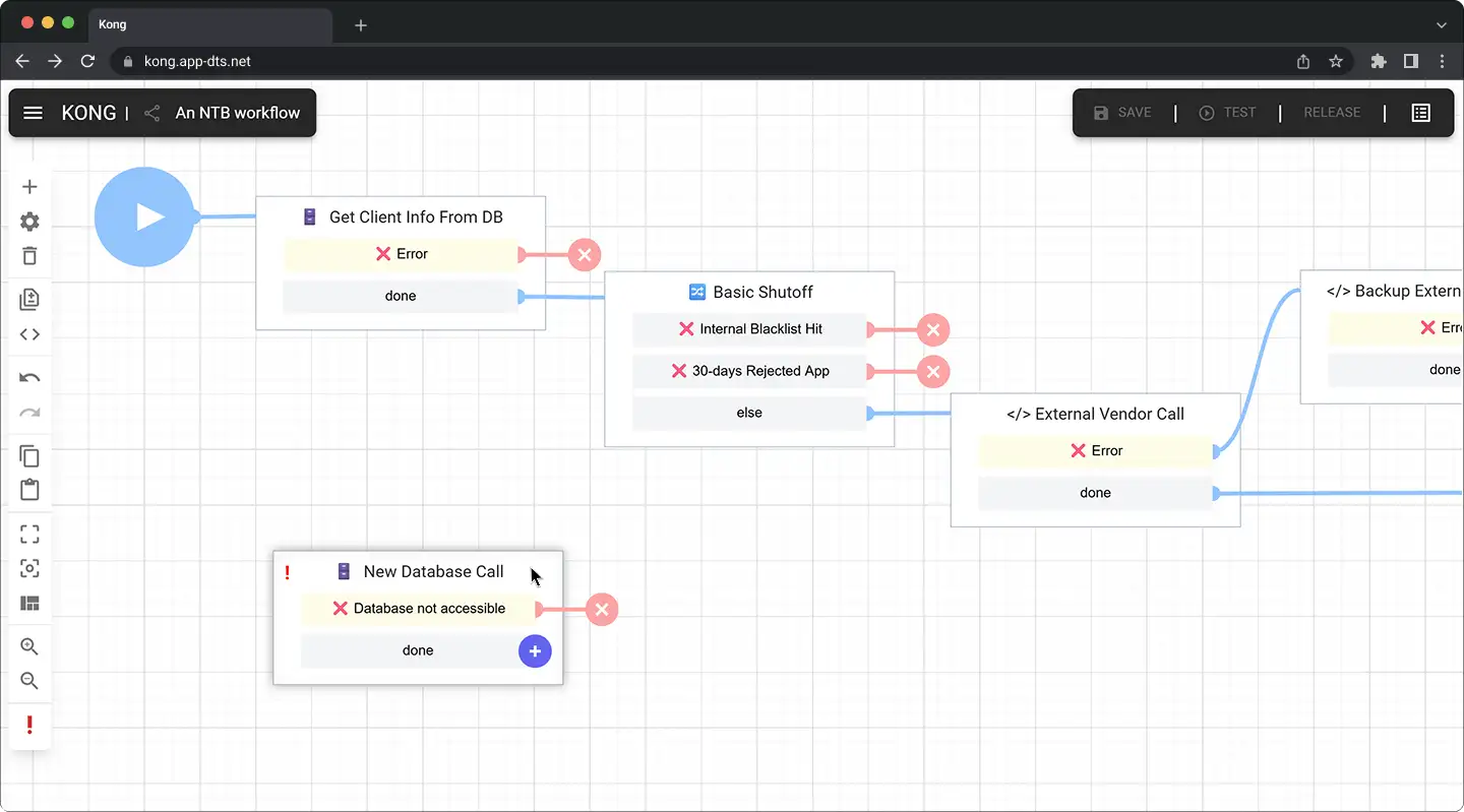 Full workflow view of the Kong decisioning platform UI.